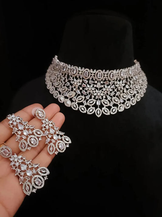 Ruby Cubic Zirconia Diamond Bridal Necklace Set Silver